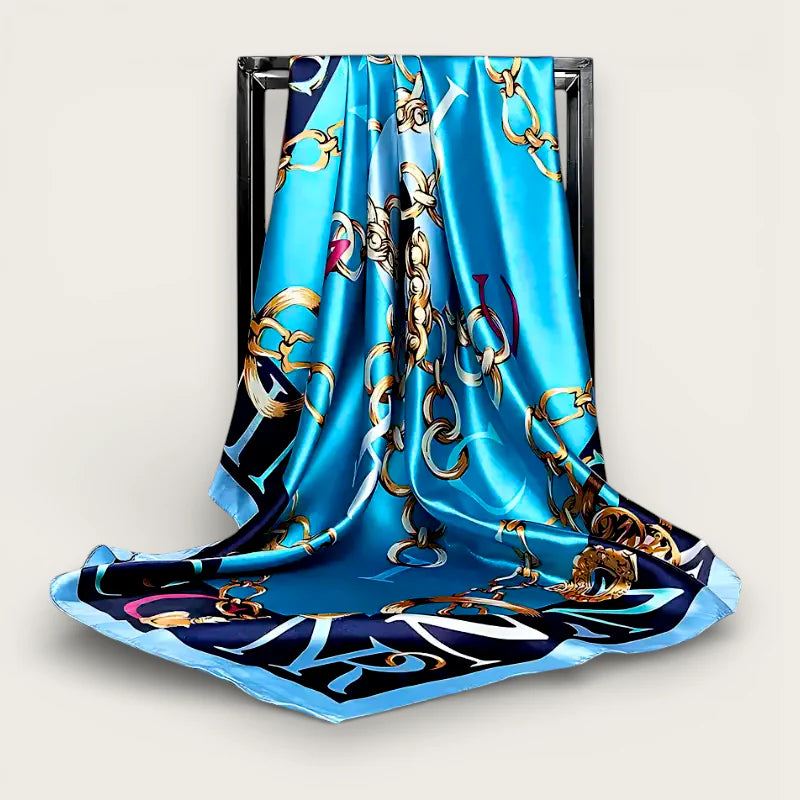Large Blue Satin Scarf with gold chain monogram pattern
