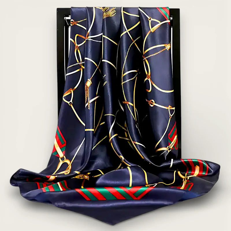 Large Blue Scarf with luxurious navy silk and gold horse tack patterns