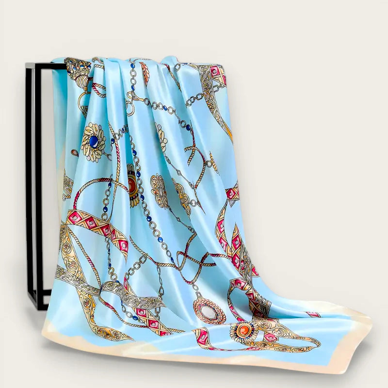 Large boho light blue silk scarf with gold red navy jeweled chains