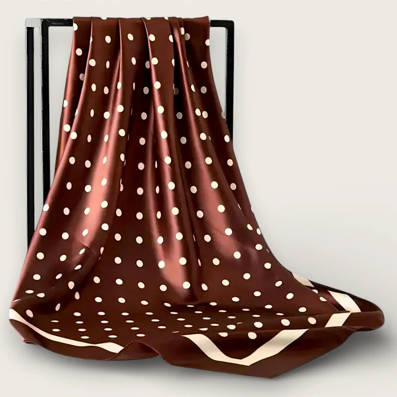 Large brown polka dot satin scarf with cream zigzag trim