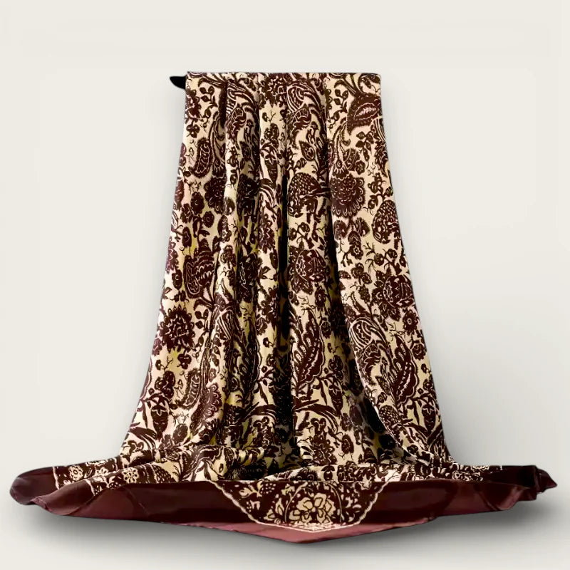 Large brown silk scarf in luxurious cream and burgundy floral pattern
