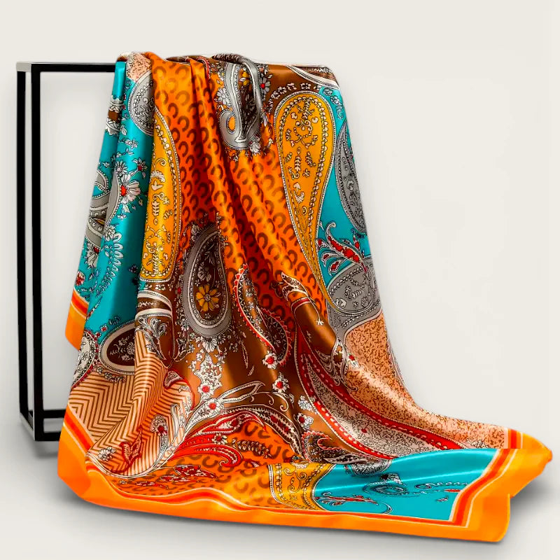 Large colorful paisley silk scarf in vibrant orange, teal, gold