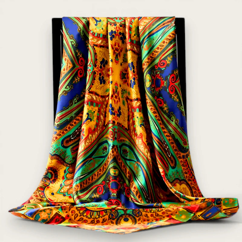 Large colorful square scarf with vibrant satin-like paisley in gold, blue, green, red