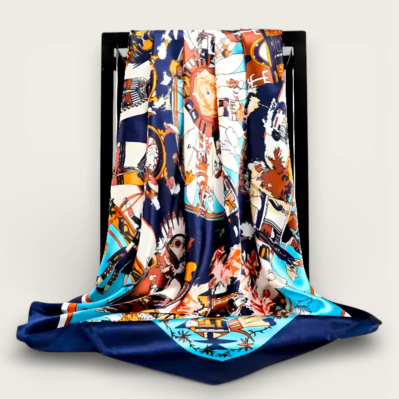 Large Dark Blue Silk Scarf with vibrant navy silk and colorful mythological nautical print