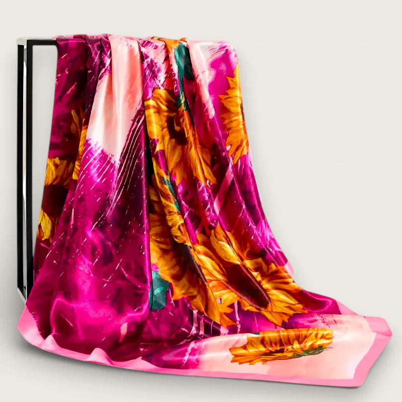 Large floral scarf in vibrant pink orange sunflower print silk glossy finish