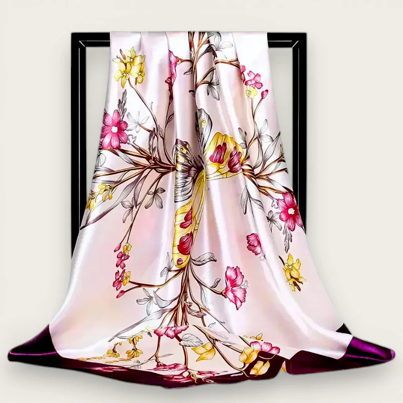 Large Flower Scarf: pink silk with yellow, magenta, brown floral, butterfly motifs
