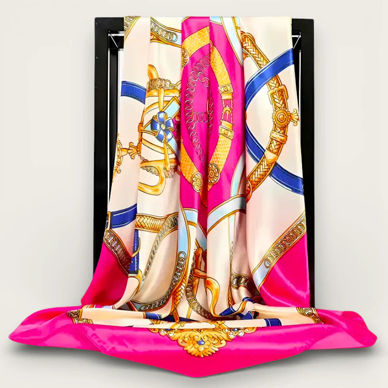 Large Fuchsia Scarf: vibrant pink cream silk with gold blue white chain pattern