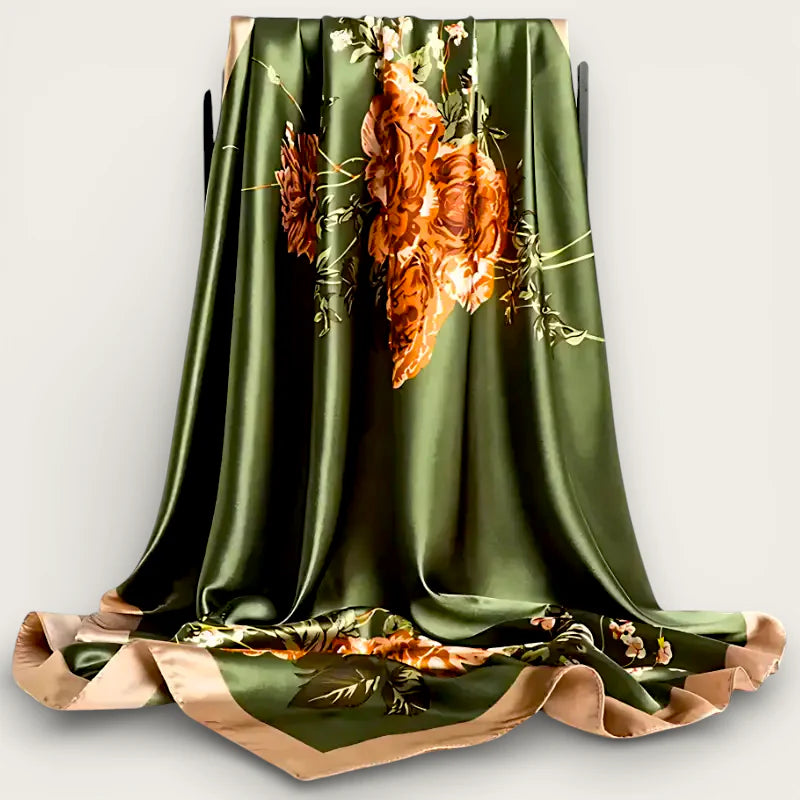 Large green scarf: luxurious olive green silk with orange brown floral pattern