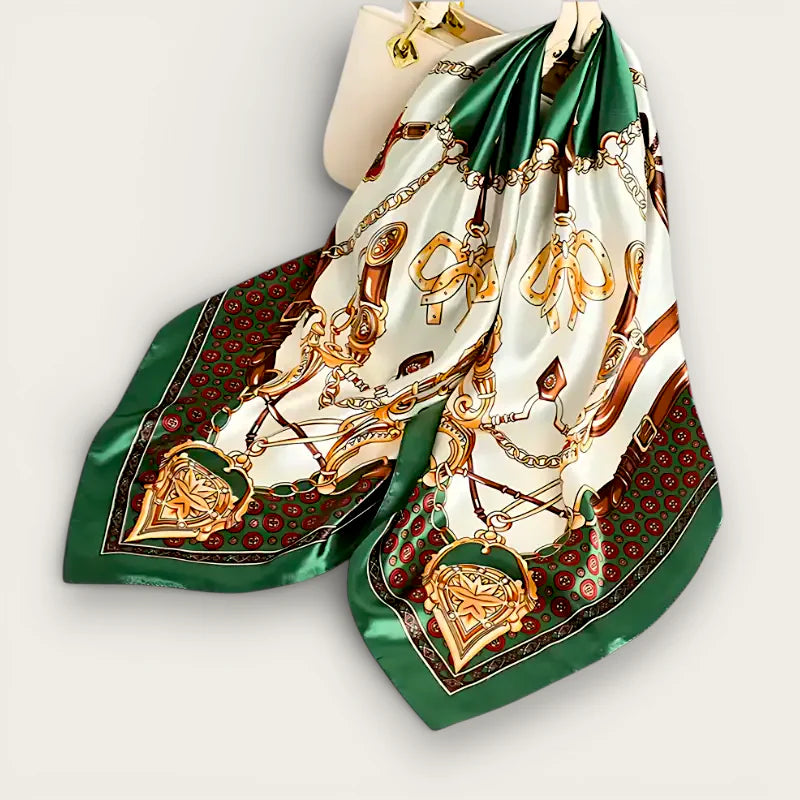Large green silk scarf with emerald cream silk, gold horse tack pattern, borders