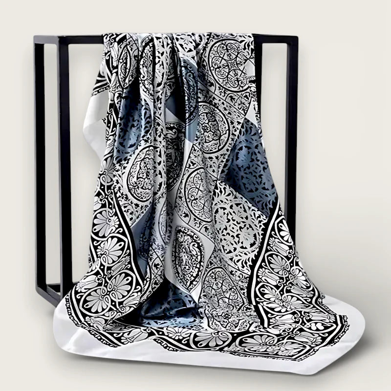 Elegant black and white paisley large grey silk scarf with blue accents