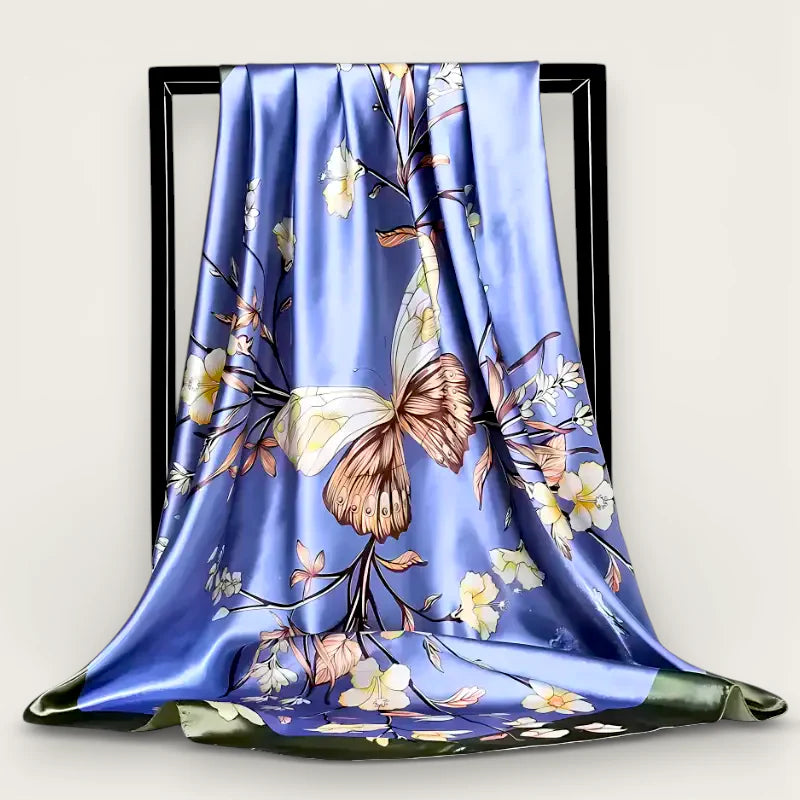 Large hair scarf in luxurious blue silk with butterfly and flower pattern