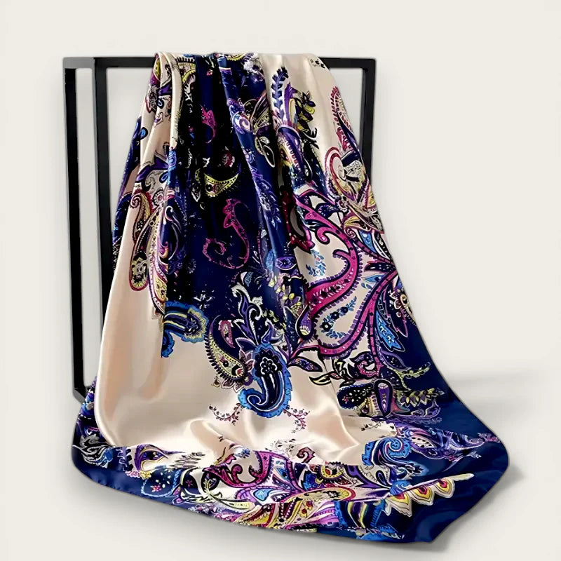 Large paisley head scarf in blue purple gold on ivory satin