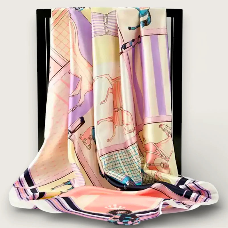 Large Horse Print Scarf in pastel silk with whimsical equestrian pattern