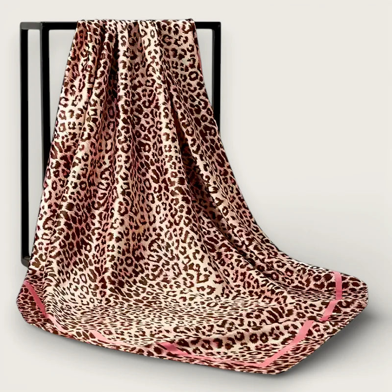 Large Leopard Satin Scarf with bold brown beige print and pink trim