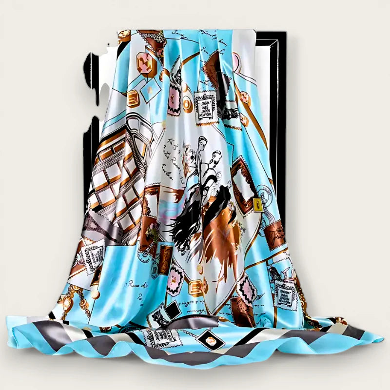 Large light blue scarf with vintage women and architecture print