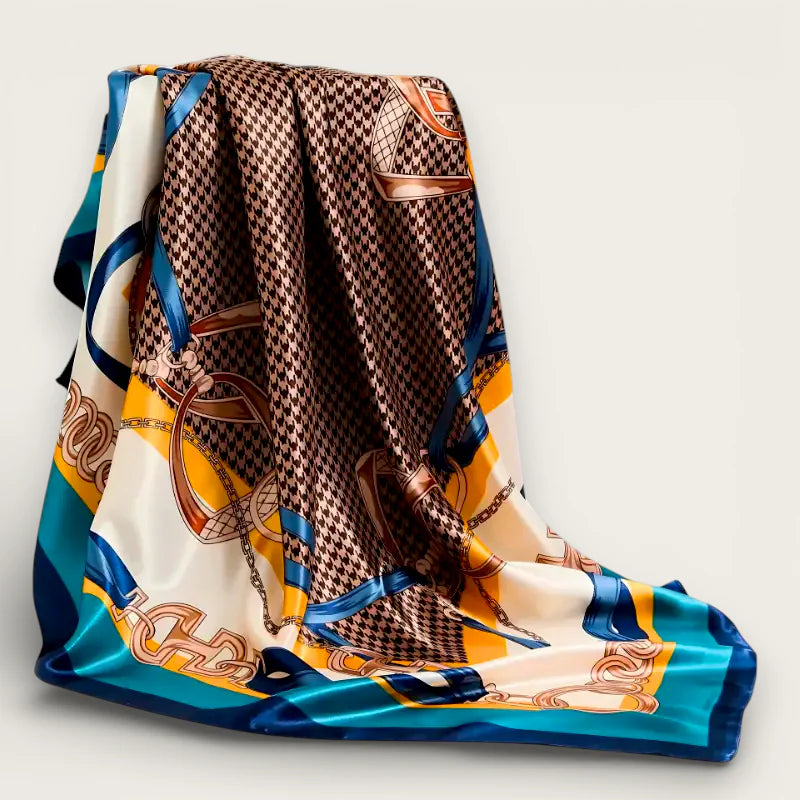 Large light blue womens scarf with brown houndstooth, gold blue chains, teal accents