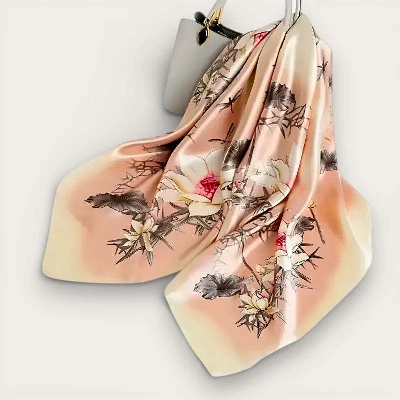 Large light pink silk scarf with delicate floral leaf patterns