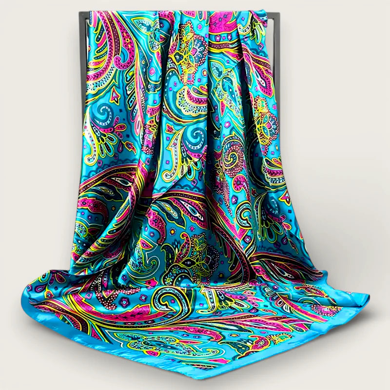 Large multicolor paisley scarf in vibrant turquoise satin with pink, yellow, purple patterns