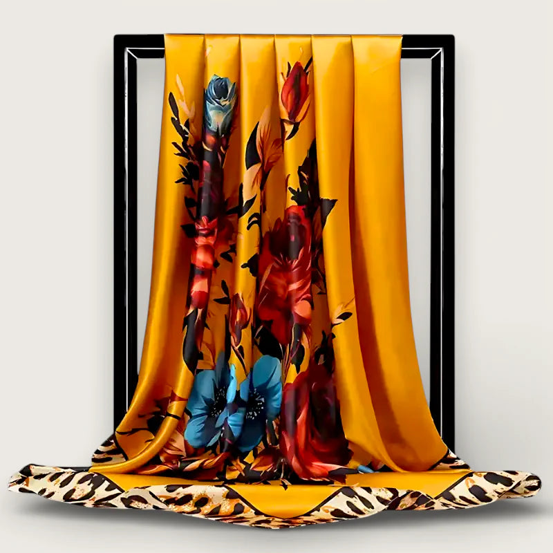 Large Mustard Scarf: vibrant yellow silk with bold floral patterns and leopard border
