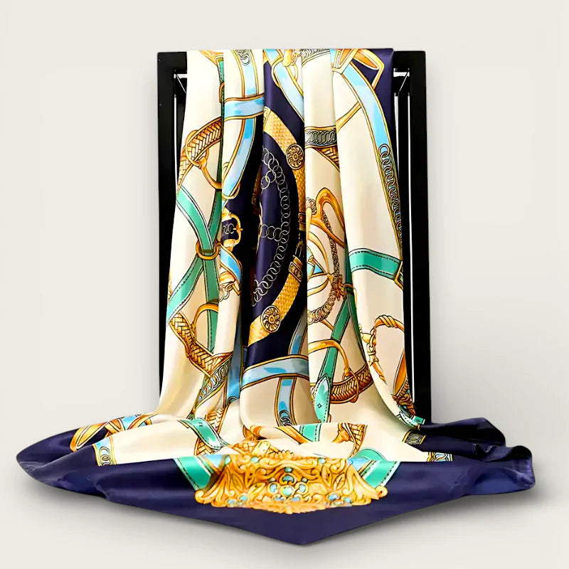 Large navy blue silk scarf with elegant cream, gold, teal, blue chain-link patterns