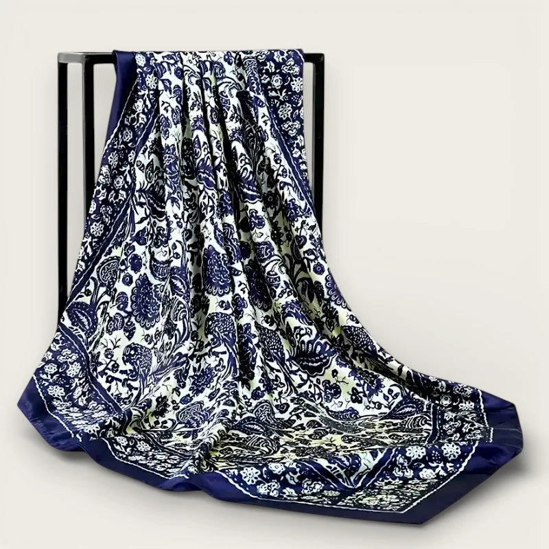 Large navy silk scarf with intricate floral paisley pattern