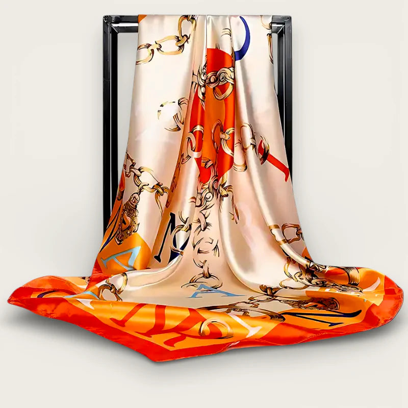 Large Orange Scarf: luxurious silk with gold chains and abstract pattern