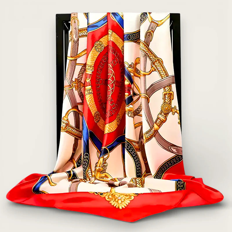 Large orange white scarf with cream silk, golden blue harness print, red border