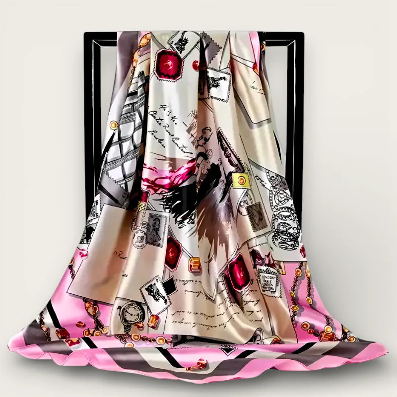 Large pink scarf with vintage collage print of stamps and motifs