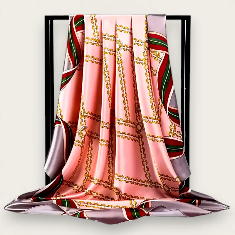 Large pink square scarf with gold chain pattern and colorful borders