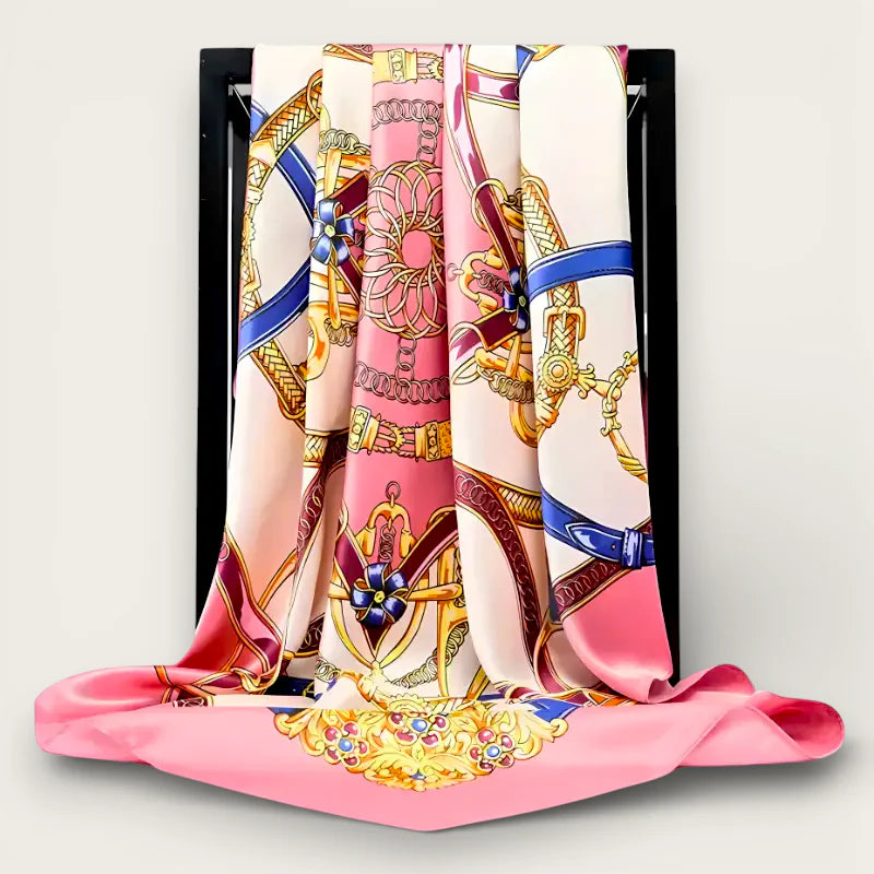 Large pink silk scarf with gold blue harness chain motifs