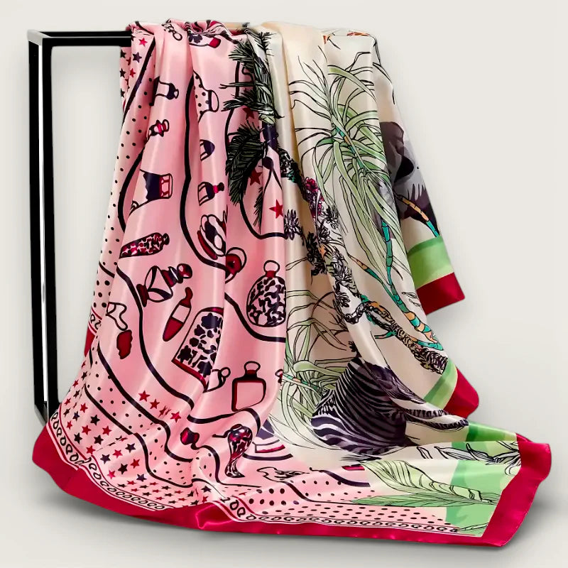 Large printed silk scarf in pink cream with perfume bottles plants stars red trim