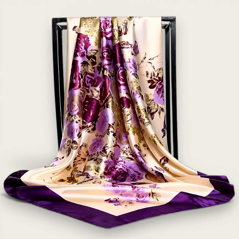 Large Purple Scarf: luxurious square silk with vibrant purple floral pattern