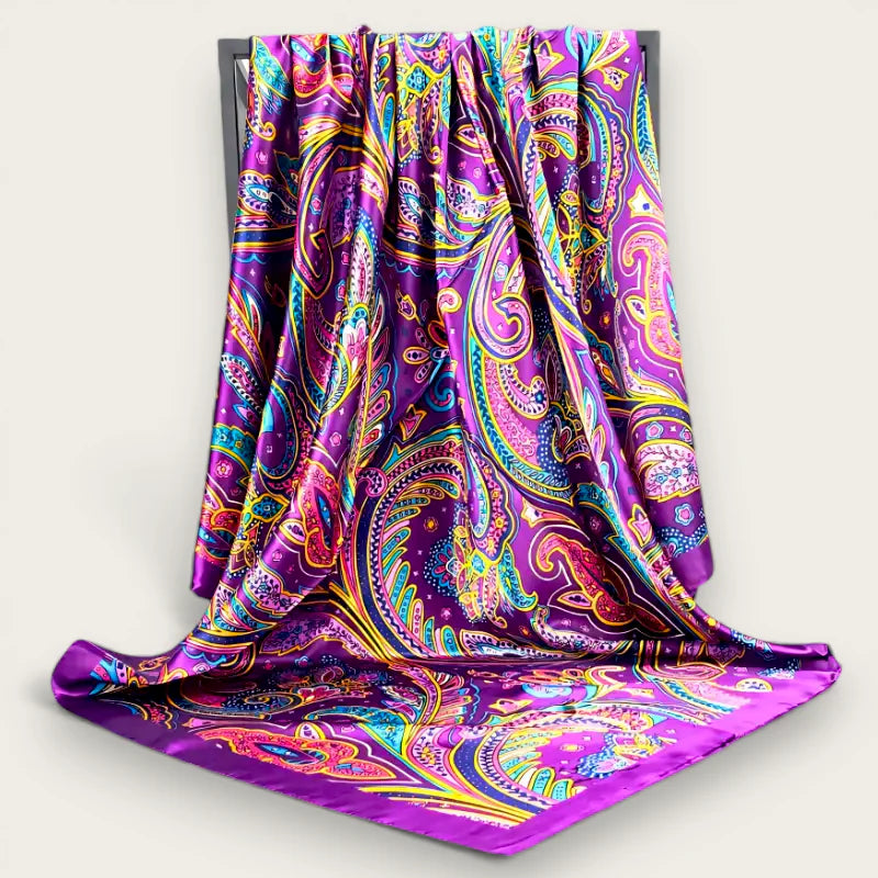 Large purple silk scarf with vibrant satin paisley in pink, teal, gold