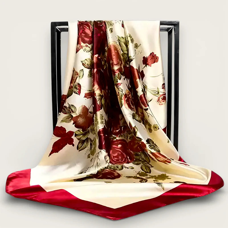 Large Red Scarf: cream silk with bold red green floral pattern, satin-red border