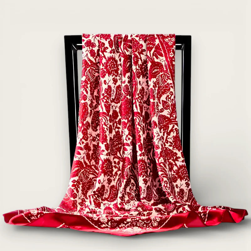 Large red silk scarf with luxurious red cream velvet floral paisley pattern
