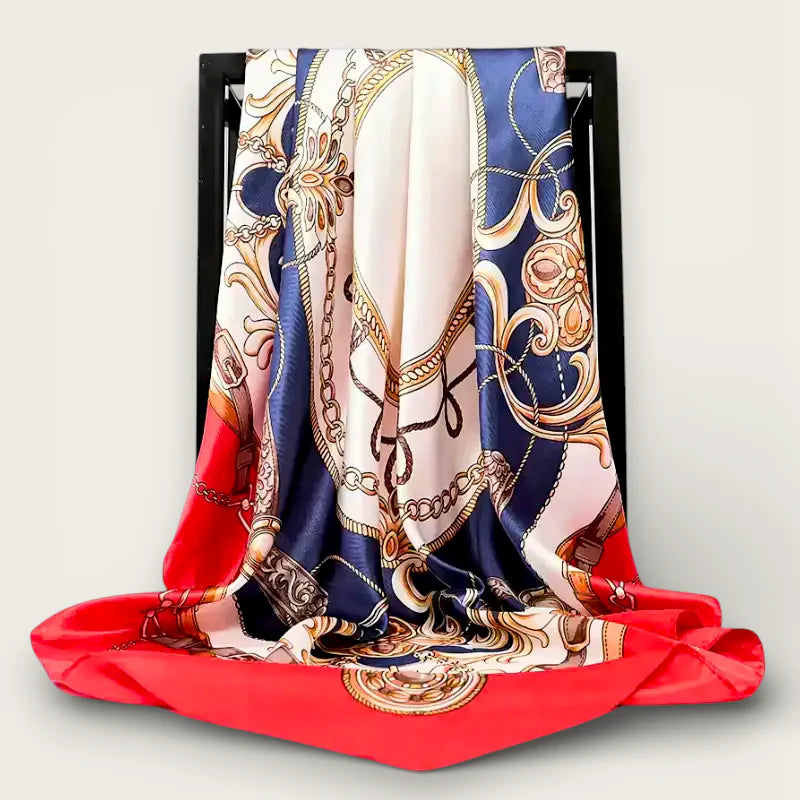 Luxurious navy blue cream red silk scarf with gold baroque pattern