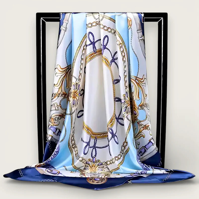 Large satin hair scarf in light blue silk with gold chains and purple ribbons