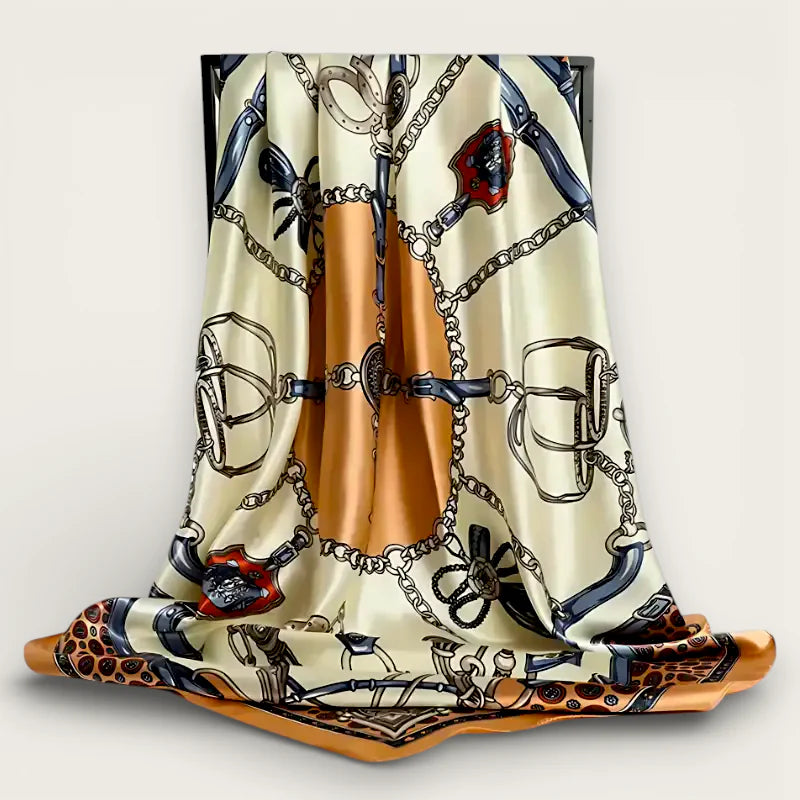 Large satin scarf in cream silk with black blue red horse tack pattern