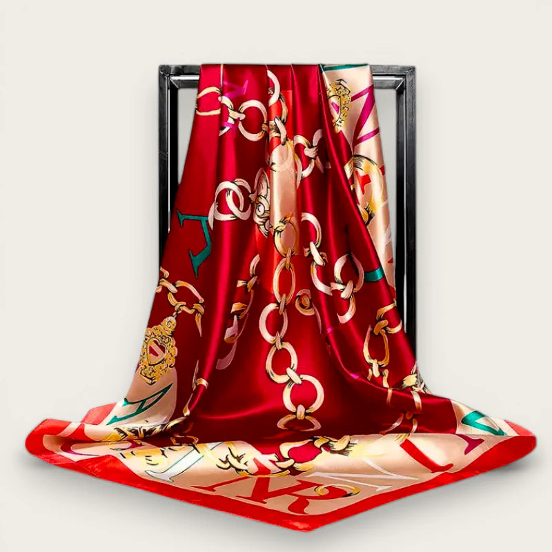 Vibrant red silk Large Scarf Wrap with gold chain monogram pattern