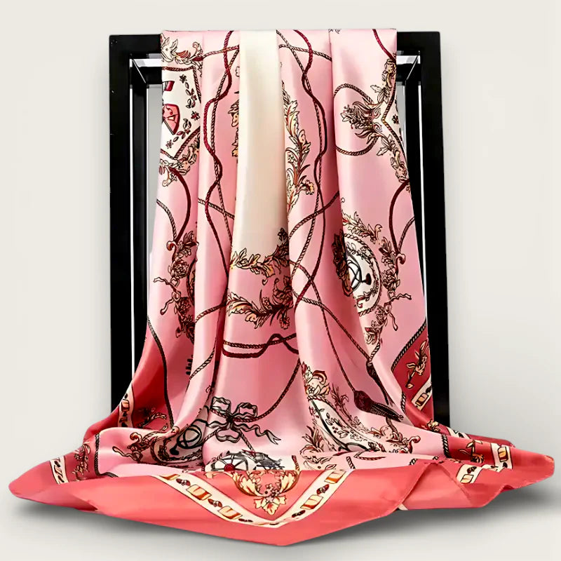 Large silk head scarf in pink with ornate vintage gold and red pattern