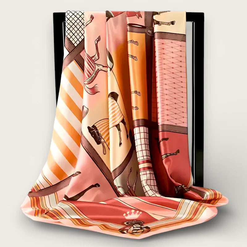 Large silk horse scarf in pink orange with equestrian prints