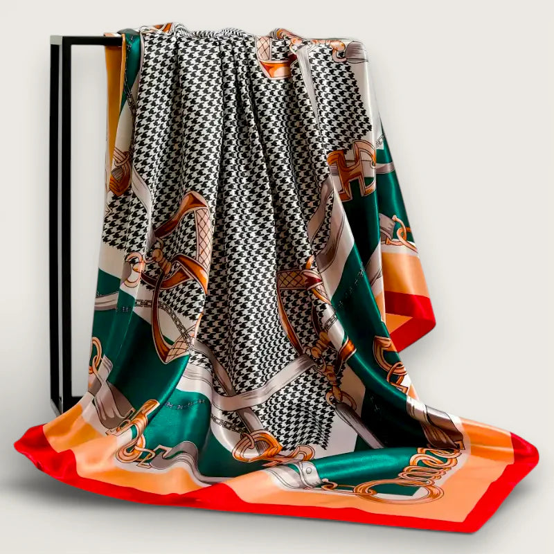 Large silk satin scarf with black white houndstooth green panels orange gold horse details