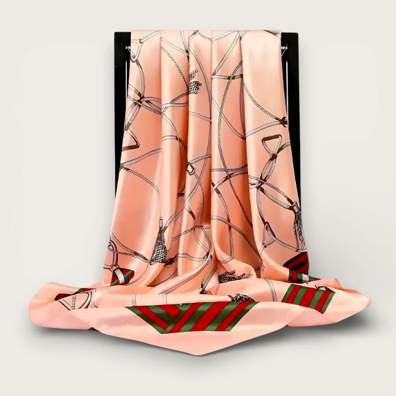 Large 90x90 silk scarf in soft peach with black horse tack pattern