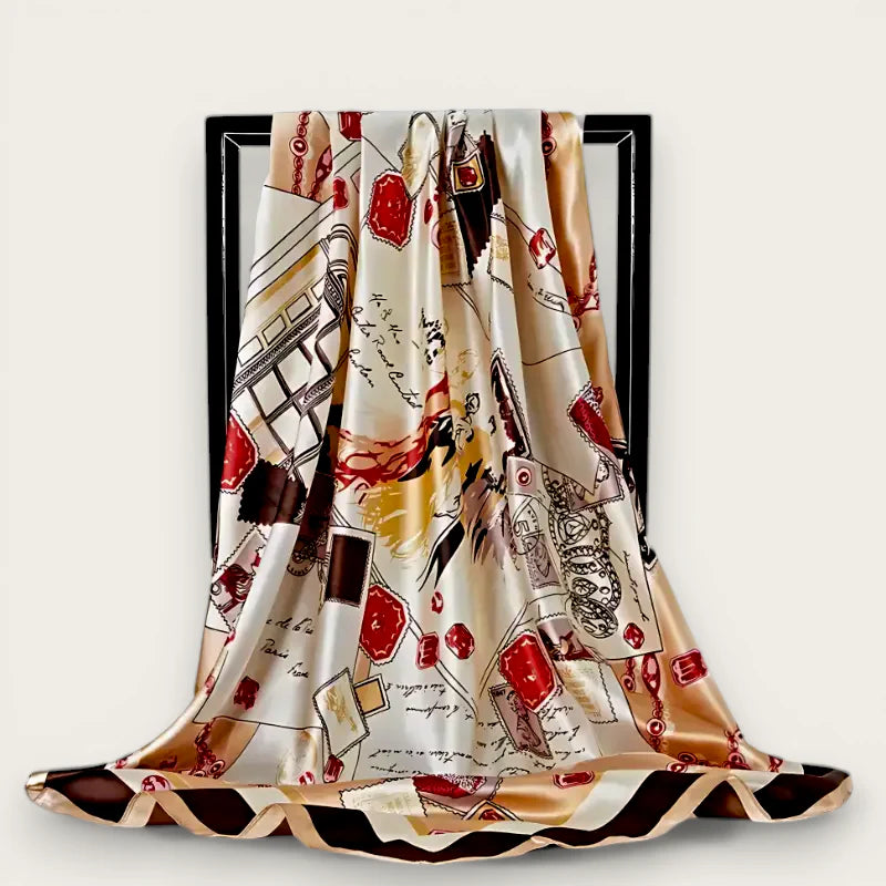 Large Parisian print silk scarf in cream with red gold black accents