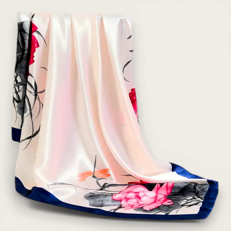Large square hair scarf with ivory silk, pink lotus dragonfly, navy trim
