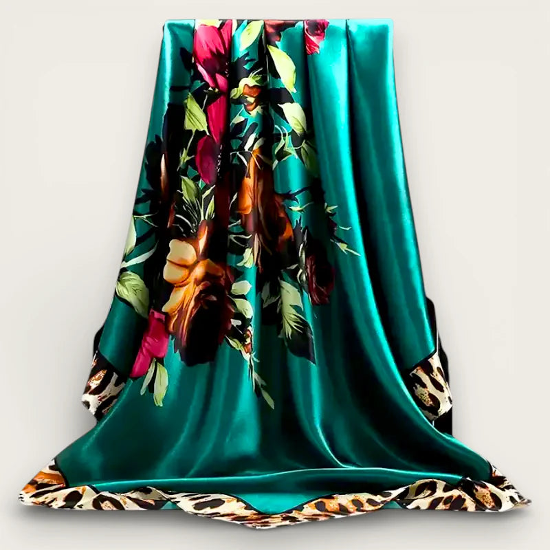 Large teal satin scarf with vibrant floral leopard print trim
