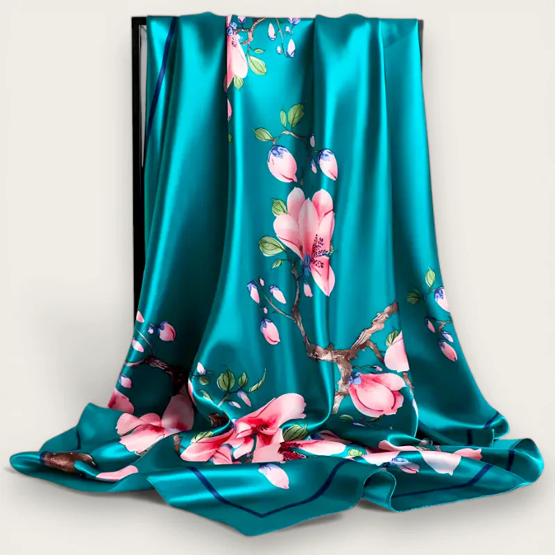 Large teal square scarf with pink cherry blossom and green leaf pattern