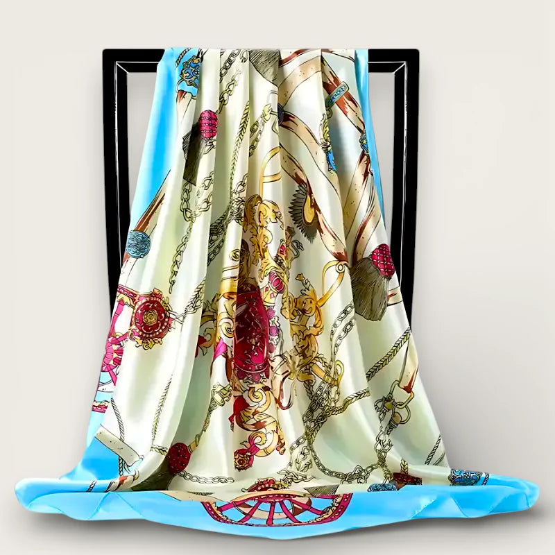 Large turquoise scarf with cream silk, gold chains, red motifs, blue trim