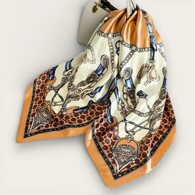 Large vintage cream silk scarf with equestrian horse tack print