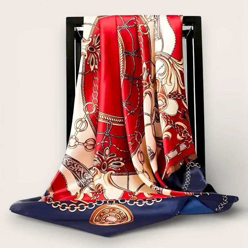 Large warm scarf: luxurious red cream navy silk with gold chain-link pattern
